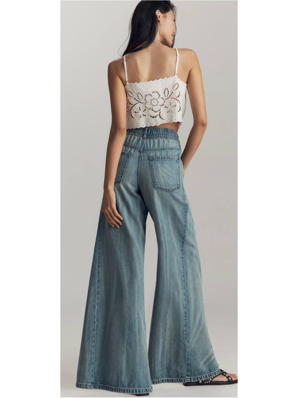 Wide Leg Drawstring Denim Jeans - Light Blue - Picture 2 of 5